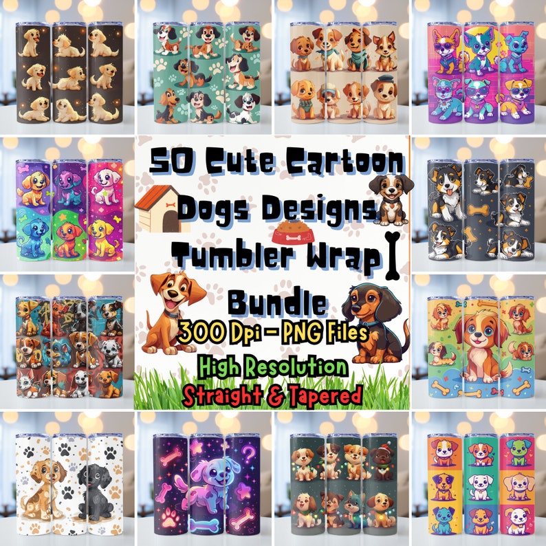 50 Cute Cartoon Dogs Designs Tumbler Wrap Bundle, 20oz Skinny Tumbler ...