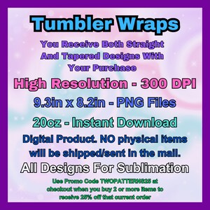 Puede incluir: Tumbler Wraps: Recibes dise&ntilde;os rectos y c&oacute;nicos con tu compra. Alta resoluci&oacute;n - 300 DPI. 23,6 cm x 20,8 cm - Archivos PNG. 20oz - Descarga instant&aacute;nea. Producto digital. NO se enviar&aacute;n art&iacute;culos f&iacute;sicos por correo. Todos los dise&ntilde;os para sublimaci&oacute;n. Usa el c&oacute;digo promocional TWOPATTERNS25 en la caja cuando compres 2 o m&aacute;s art&iacute;culos para recibir un 25% de descuento en tu pedido actual.