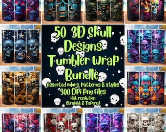 50 3D Skull Designs Tumbler Wrap Bundle, 20oz skinny tumbler wrap, Skulls Sublimation, Skulls PNG, Tumbler wrap for sublimation, 3d Skulls