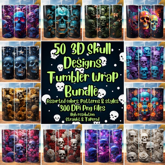 50 3D Skull Designs Tumbler Wrap Bundle, 20oz skinny tumbler wrap, Skulls Sublimation, Skulls PNG, Tumbler wrap for sublimation, 3d Skulls