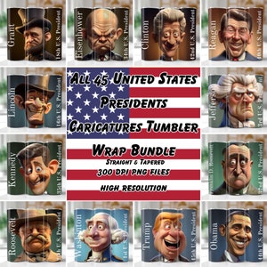 Alle 45 Präsidenten der Vereinigten Staaten 3D-Karikaturen, Tumbler Wrap Bundle, 20 Unzen Skinny Tumbler Wrap, Cartoon Präsident Porträts, PNG-Datei, 300 Dpi