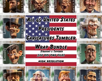 Alle 45 Präsidenten der Vereinigten Staaten 3D-Karikaturen, Tumbler Wrap Bundle, 20 Unzen Skinny Tumbler Wrap, Cartoon Präsident Porträts, PNG-Datei, 300 Dpi