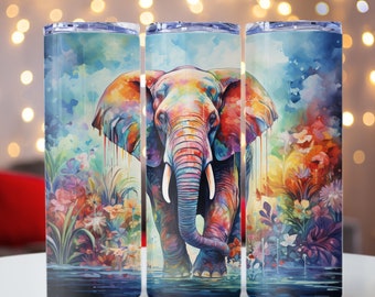 Watercolor Elephant Tumbler Wrap, Colorful Elephant PNG, 20oz skinny tumbler wrap, Elephant png, Tumbler wrap for sublimation, PNG File,
