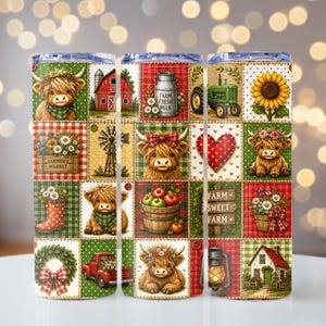 Patchwork-Becherfolie mit Hochlandrindern und Bauernhofmotiven (PNG-Datei), 20-oz-Becherfolie (schmal), Becherfolie für Sublimationsdruck, PNG-Datei