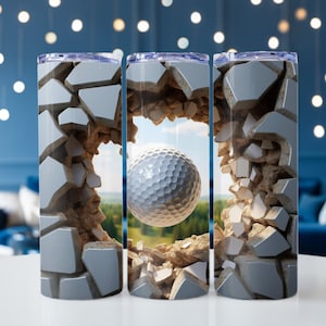 3D golfbal gat in een muur, golfbal breken door een muur, 20oz skinny tumbler wrap, Tumbler wrap voor sublimatie, PNG-bestand, Golf PNG