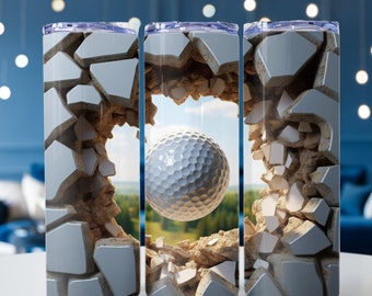 Trou de balle de golf 3D dans un mur, balle de golf fracassant à travers un mur, papier gobelet skinny 20 oz, papier gobelet pour sublimation, fichier PNG, golf PNG