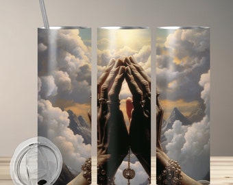 Hands with Rosery Beads Praying to the Heavens, 20oz skinny tumbler wrap, Praying PNG, Tumbler wrap for sublimation, PNG File, 300 Dpi,Faith
