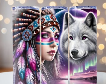 Native American Woman & Wolf PNG, Wolf Northern Lights PNG, Native American, 20oz skinny tumbler wrap, Tumbler wrap for sublimation,PNG File