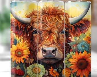 Highland Cow Sunflowers png, Watercolor Highland Cow and Flowers png, 20oz skinny tumbler wrap, Tumbler wrap for sublimation, PNG File