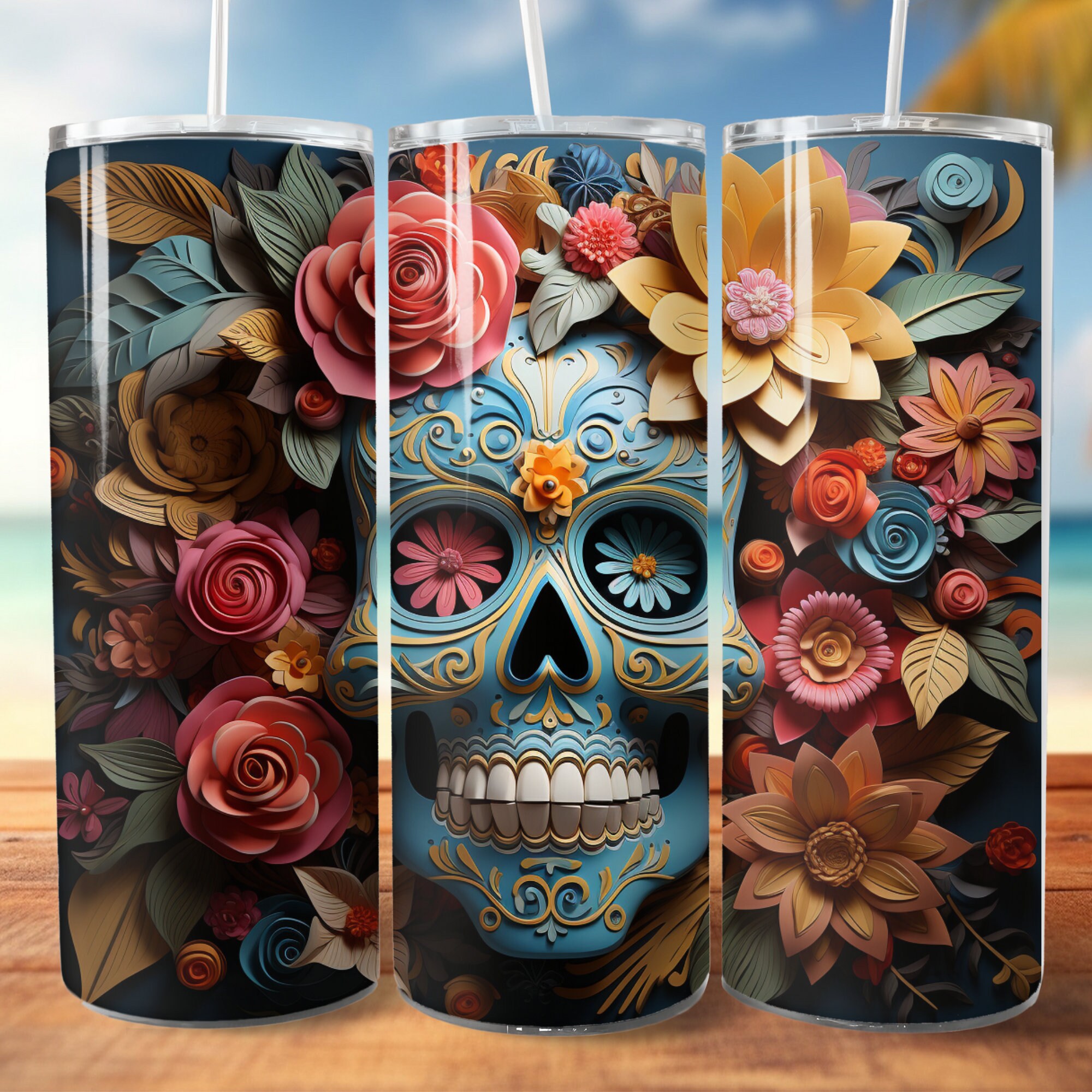 3D Day of the Dead, Skull and Flowers, Dia de Muertos, 20oz skinny tumbler wrap, Mexican Heritage, Tumbler wrap for sublimation, PNG File