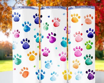 Watercolor Dog Paw Prints, 20oz skinny tumbler wrap, Colorful Dog Paw Prints PNG, Tumbler wrap for sublimation, PNG File, Dog Foot Prints,