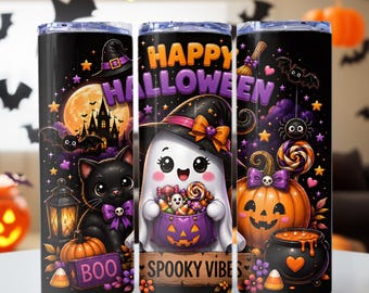 Cute Trick or Treat Ghost Tumbler Wrap, Happy Halloween Ghost png, Spooky Vibes png, 20oz Skinny Tumbler Sublimation Design, PNG File,