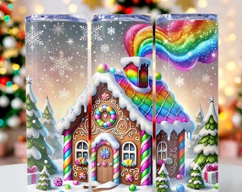 Rainbow Gingerbread House PNG, Colorful Gingerbread House PNG, Christmas PNG, 20oz skinny tumbler wrap Tumbler wrap for sublimation,png File