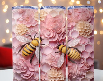3D Pastel Pink Honeycomb & Bees, Bees Honeycomb PNG, 20oz skinny tumbler wrap, Tumbler wrap for sublimation, PNG File, 3D Bees Tumbler Wrap