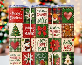 Vintage Patchwork Christmas Tumbler Wrap, Classic Christmas Phrase & Images PNG, Patchwork 20oz Skinny Tumbler Sublimation Design, PNG File