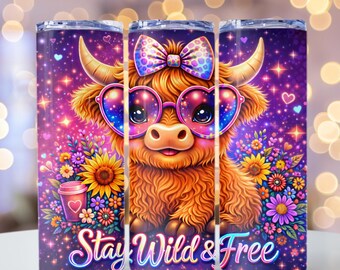 Trendy Highland Cow Tumbler Wrap, Floral Glamour Highland Cow PNG, 20oz Skinny Tumbler Sublimation Design, PNG File, Inspirational Cow png