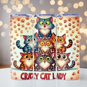 Crazy Cat Lady PNG, Cartoon Cats Sublimation, Funny Cats PNG, 20oz skinny tumbler wrap, Tumbler wrap for sublimation, PNG File, Cats Png