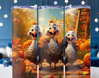 3D Autumn Cute Turkeys Around Pumpkins and Leaves, 20oz skinny tumbler wrap, Thanksgiving, Tumbler wrap for sublimation,PNG File, Turkey PNG