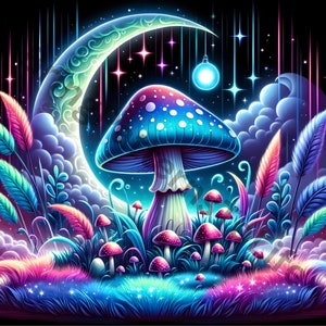 May include: A vibrant, psychedelic illustration of a large blue and purple mushroom with a crescent moon in the background. The mushroom is surrounded by smaller mushrooms and glowing plants in a fantasy forest setting.