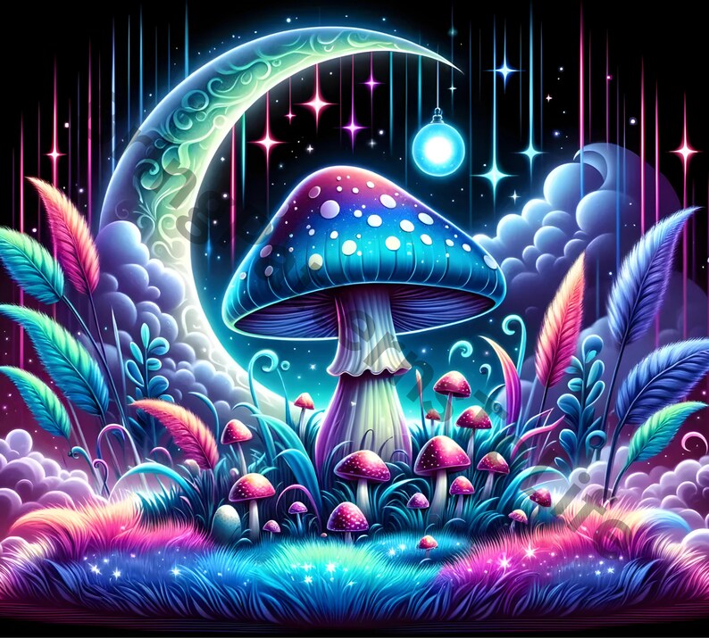 May include: A vibrant, psychedelic illustration of a large blue and purple mushroom with a crescent moon in the background. The mushroom is surrounded by smaller mushrooms and glowing plants in a fantasy forest setting.
