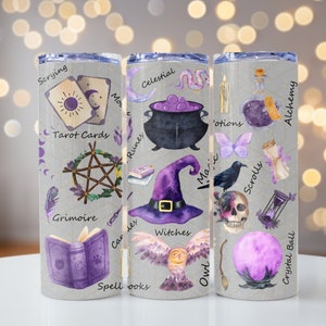 May include: Three stainless steel tumblers with a white background and purple and black illustrations of various witchcraft and magic items. The tumblers are labeled with the words "Scrying", "Celestial", and "Alchemy".