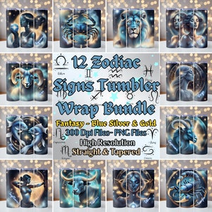 12 Zodiac Sign Designs Tumbler Wrap Bundle, Blue Silver Gold Zodiac Signs, 20oz skinny tumbler wrap, Tumbler wrap for sublimation, PNG File