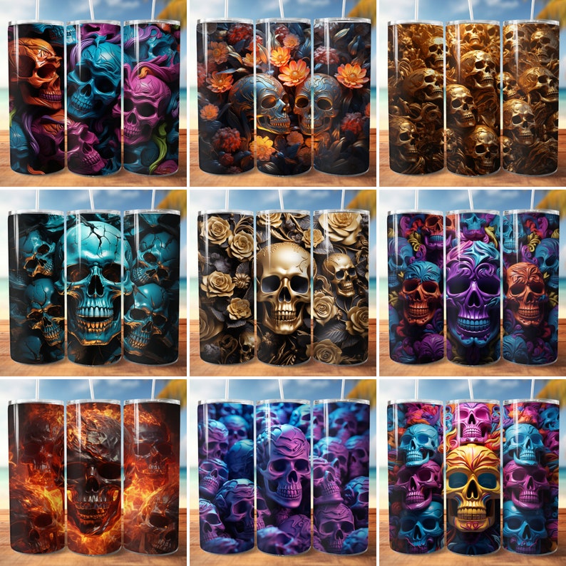 May include: Nine different designs for a stainless steel tumbler featuring a skull and crossbones motif. The designs include skulls with flowers, skulls with flames, and skulls with intricate patterns.
