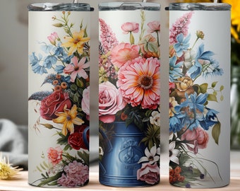 Boho Flowers in Watering Can Tumbler Wrap, 20oz skinny tumbler wrap, Watercolor Flowers PNG, Tumbler wrap for sublimation, PNG File, Flowers