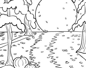 Printable Path in the Fall Coloring Page, instant download, digital, Halloween, fall, pumpkin