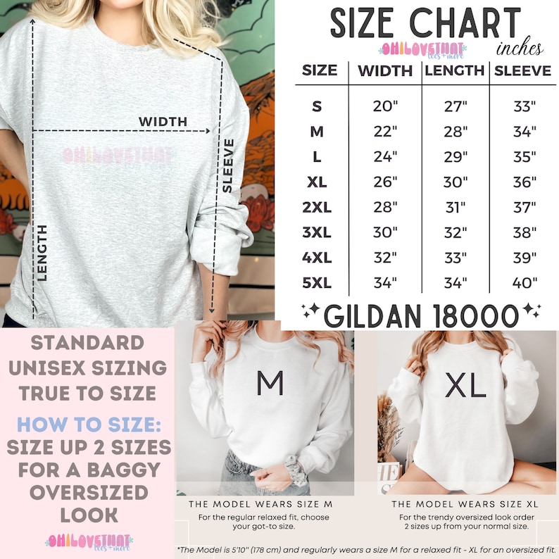 May include: Size chart for a unisex sweatshirt, showing measurements in inches for width, length, and sleeve length. The chart includes sizes from S to 5XL. The chart is labeled "Gildan 18000". The image also shows two models wearing the sweatshirt in sizes M and XL. The text "Standard Unisex Sizing True to Size" and "How to Size: Size up 2 sizes for a baggy oversized look" is included.