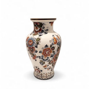 Large Delft Polychrome Vase: 1960s Flora Plateel Hand-Painted Floral Urn