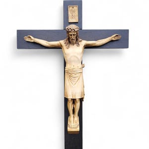 Large Antique 19th Century Jesus Crucifix - Wall hanging Cross - Hand Carved wood - ceramics - porcelain