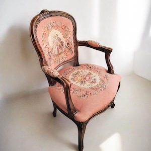 Antique French Louis XV Style Armchair | Pink Needlepoint Upholstery | Floral & Romantic Scene | France cottage decor | French farmhouse
