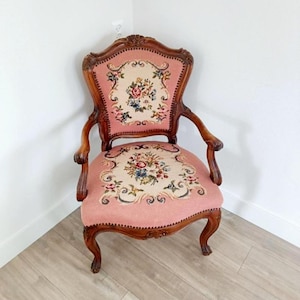 Vintage French XIV Chair Romantic armchair | Gobelin Upholstery Needlepoint Chair| Floral & Romantic Classical chair | vintage chair