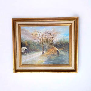 Framed Dutch Winter Landscape Painting, Hague School Style, Rustic Farmhouse Decor, Oil on Canvas, Snowy Scene with Cottage, Signed Art