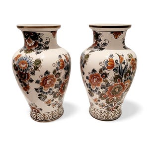 Delft Polychrome Floral Vases: Vintage Flora Plateel Holland, 1960s