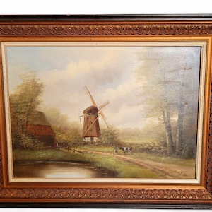 Idyllic Antique Dutch Oil landscape painting, countryside painting by Jo Vergeer,(1894-1969) landscape scene with mill signed, Netherlands,