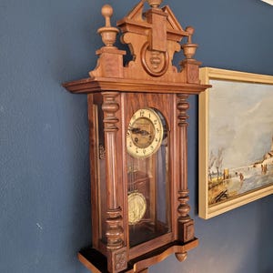 Antique German Walnut Wall Clock: Ornate Victorian Pendulum Regulator