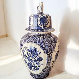 Large Dutch Delft Blue Urn Vase Ginger Jar Delfts 1950s Vintage Vase UrnRoyal Boch Vase Blue White Floral Lid Vase Foo Dog Delftware Holland