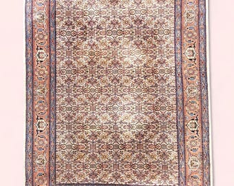 Antique Handwoven Persian Herati Rug, Wool Oriental Carpet, Mid-Century