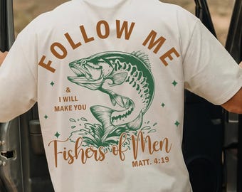 Fishers of Men png, retrochristelijke sublimatie png, vintage mannenbijbelshirt png, minimalistische christelijke vader png, Matthew 4:19 basvissen, png