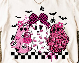 Coquette Leopard Pumpkin Ghost PNG, Retro Halloween Girly Ghost Sublimation, Retro Checkered Ghosts Pumpkin Cherries PNG, Cute Spooky Fall