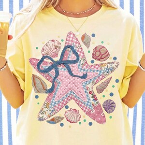 Preppy Starfish PNG, Patchwork Seashell Sublimation Design, Beach Vacation Digital Download, Floral Gingham, Ocean Lover Shirt Png Design