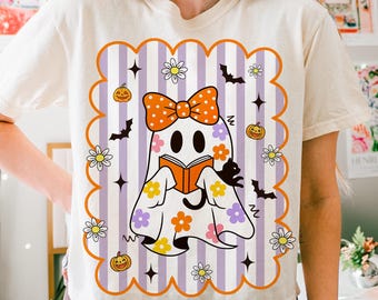 Halloween Ghost Coquette Png, Ghost Reading Books Shirt Design, Preppy Floral Ghost, Bookish Halloween Teacher Sublimation, Pumpkin Bow Png