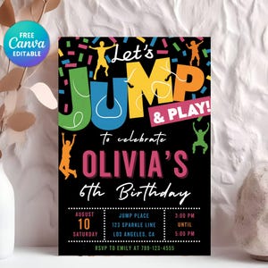 Jump Birthday Party Invitation, Trampoline Party Invite, Bounce House Party Invitation, Let&#39;s Jump Editable Canva Template