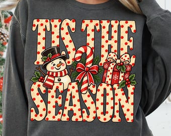 Tis The Season Png, Snowman Candy Cane Png, Christmas Gift Png, Dotted Christmas Letters Png, Vintage Christmas Sublimation Png