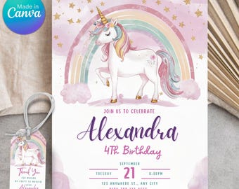 May include: A birthday invitation and matching tag feature a unicorn, rainbow, and stars. The invitation reads "Join us to celebrate Alexandra 4th Birthday" with date and time details. The tag says "Thank You" and "My party so magical".