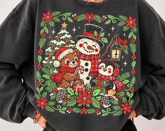Snowman Png, Christmas Snowman Teddy Bear Penguin Png, Vintage Christmas Png, Poinsettia Holly Frame Png, Distressed Christmas Png