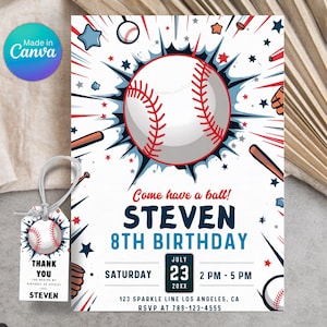 Invito di compleanno modificabile a tema baseball, inviti per feste a tema baseball, inviti a tema baseball con download immediato, invito a tema baseball stampabile