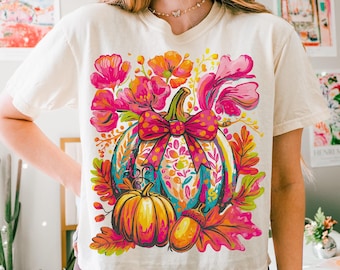 Jesienna kwiatowa dynia Png, Boho kwiatowa jesienna koszula sublimacyjna, dziewczęce jesienne klimaty Png, Preppy jesienne pociągnięcia pędzlem Png, różowy sezon dyni Png